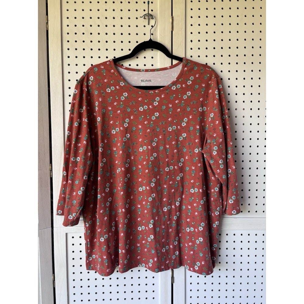 Blair 3/4 SLV Orange Green Floral Women's XL Cotton Poly Tee Shirt